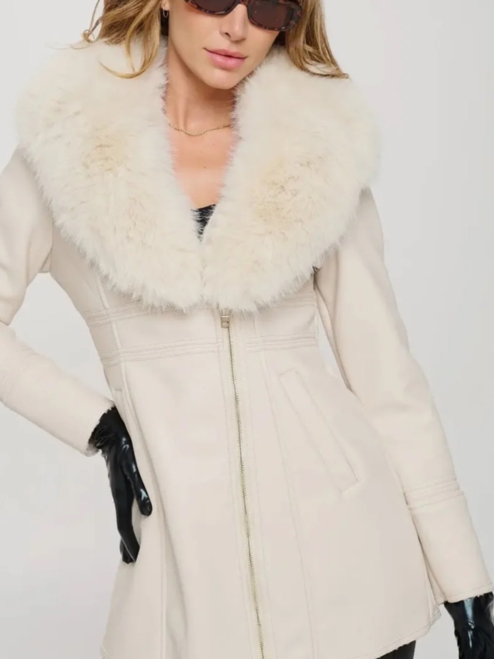 Women's Cream Faux-Fur Collar Coat